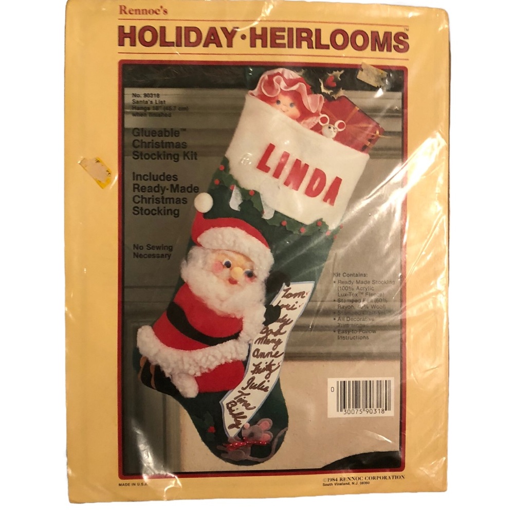 Rennoe's Holiday-Heirlooms Christmas Stocking Kit No Sew Vintage 1984 Santa